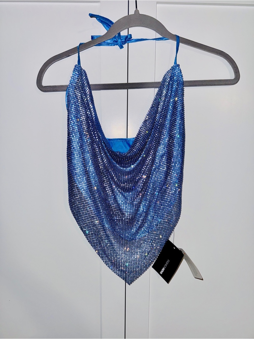 Fashion Nova Blue Rhinestone Halter Scarf Top